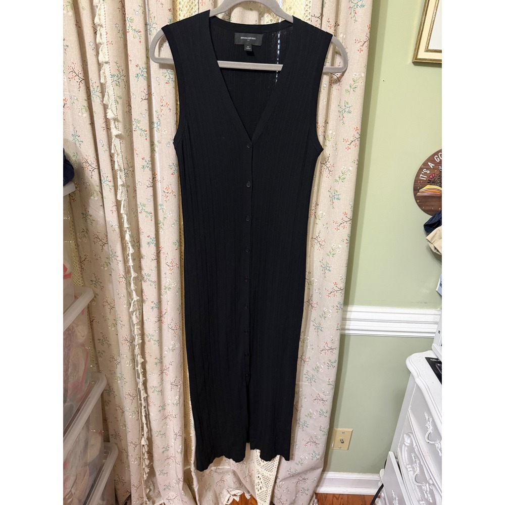 Banana Republic Black Ribbed Knit Maxi Dress Medium Button Front V Neck